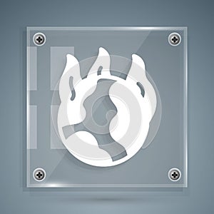 White Global warming fire icon isolated on grey background. Square glass panels. Vector