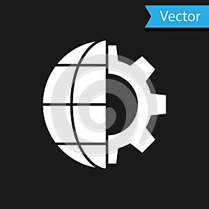 White Globe of the Earth and gear or cog icon isolated on black background. Setting parameters. Global Options. Vector