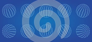 White Globe Grid Sphere Set on Blue Background. 3D Wire Global Earth Latitude, Longitude. Wired Line 3D Planet Globe