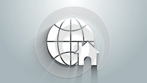 White Globe with house symbol icon isolated on grey background. Real estate concept. 4K Video motion graphic animation