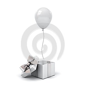 White glossy balloon coming out from the open gift box or present box with silver ribbon bow isolated on white