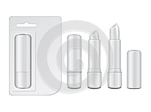 White glossy closed and opened lip balm stick, realistic hygienic lipstick with cardboard pack. Set of vector blank