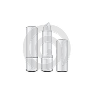 White glossy closed and opened lip balm stick, realistic hygienic lipstick. Vector blank mockup, design template