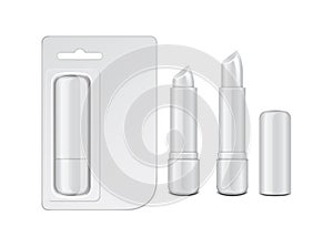 White glossy closed and opened lip balm stick set, realistic hygienic lipstick with cardboard pack. Vector blank mockup