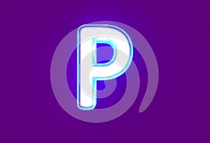 White glossy neon light blue glow alphabet - letter P isolated on purple background, 3D illustration of symbols