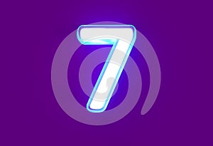 White glossy neon light blue glow alphabet - number 7 isolated on purple, 3D illustration of symbols