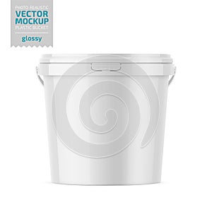 White glossy plastic bucket mockup with label.