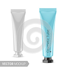 White glossy plastic cosmetic tube mockup. Vector illustration.