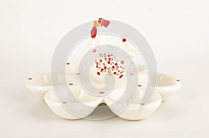 White glossy porcelain 6 eggs holder on the white background