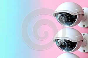 White glossy security cameras with hologram details on pastel background for professional use