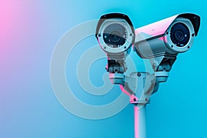 White glossy security cameras with holographic glow on pastel backdrop for text placement