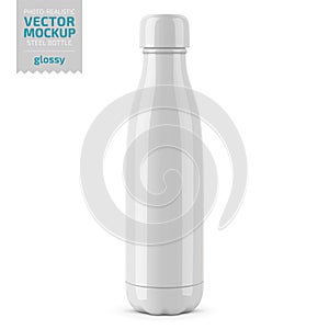 White glossy steel water bottle vector mockup.