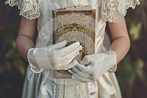 In white gloves, first communion girl holds a Bible and a prayer book. First Holy Communion. White communion dress