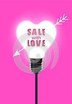 White glowing heart-shaped light bulb on a pink background with an inscription Sale with Love inside. Highly realistic