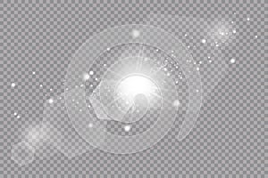 White glowing light explodes on a transparent background. with ray. Transparent shining sun, bright flash. lens flare light effect