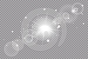 White glowing light explodes on a transparent background. with ray. Transparent shining sun, bright flash. lens flare light effect