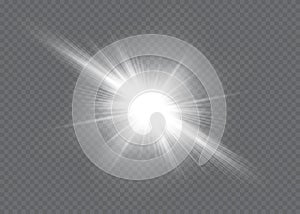 White glowing light explodes on a transparent background. Vector illustration of light decoration effect with ray.