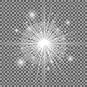 White glowing light explosion with transparent background. Vector illustration. Bright star. Shining flare