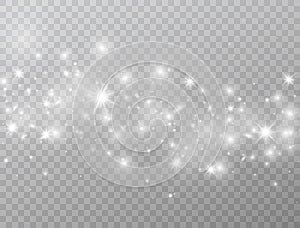 White glowing lights wave isolated on transparent background. Magic glitter dust particles border. Star burst with