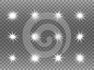 White glowing stars set. Light explosions on transparent backdrop. Christmas template with shining rays. White flash