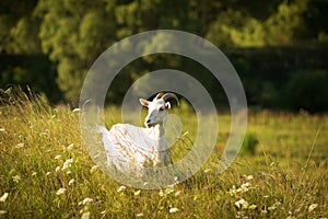 White goat grazes on green meadow