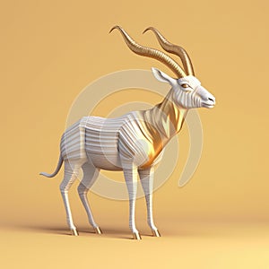 White goat with long horns standing on an orange background. The goat has unique and distinctive appearance, as it