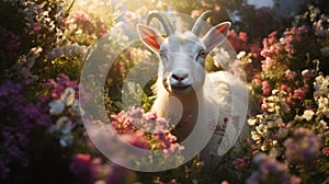 White Goat In The Middle Of Flowers: A Joel Robison-inspired Intense Gaze