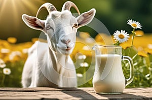 White goat and milk in glass jug in summer field with flowers sunny afternoon with blurred background. Farming. Health