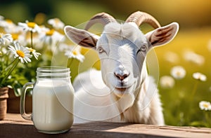 White goat and milk in glass jug in summer field with flowers sunny afternoon with blurred background. Health benefits