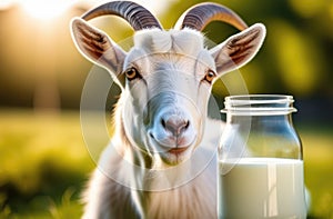 White goat and milk in glass jug in summer field on grass sunny afternoon with blurred background. Health benefits of