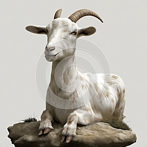 White goat resting on rock. Animal isolated transparent background. Calm peaceful image. Nature theme. Farm animal. Cute, photo