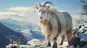 A white goat standing on a rock in the snow. Generative AI.