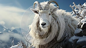 A white goat standing on a rock in the snow. Generative AI.