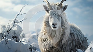 A white goat standing on a rock in the snow. Generative AI.