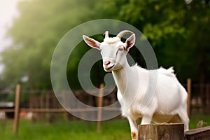 White goat standing on a fence on a farm in the summer. Generative AI.