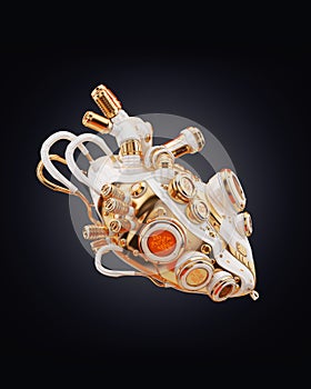 White-gold artificial sci-fi heart organ on dark back