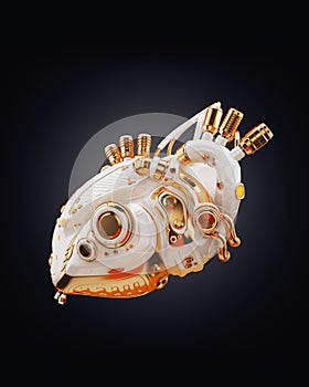 White-gold artificial sci-fi heart organ on dark back