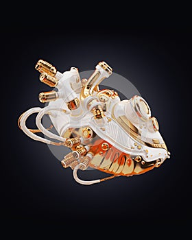 White-gold artificial sci-fi heart organ on dark back