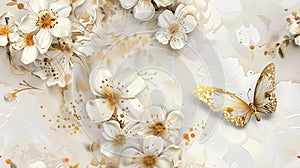 white and gold butterfly gracefully adorned with flowers, perfect for adding a touch of sophistication to any wall