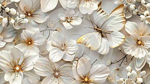 white and gold butterfly gracefully adorned with flowers, perfect for adding a touch of sophistication to any wall