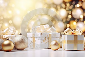 White and gold Christmas balls and Christmas gift boxes