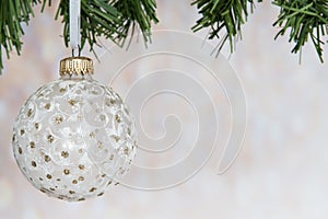 White and gold Christmas decoration bauble balls with pine tree branched