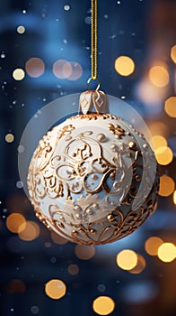 White and Gold Christmas Ornament Hanging from a Chain