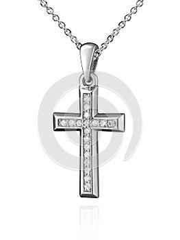 White gold cross pendant with diamonds isolated on white