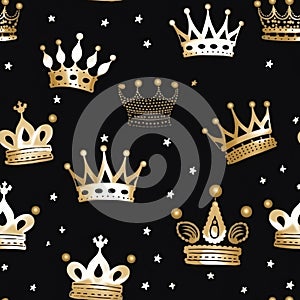 White Gold Crowns On Black Background . Seamless Background. Generative AI