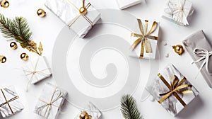 White Gold Decorated Christmas Background With Gifts, Fir Branches And Baubles With Copy Space For Your Text Or Ideas - Generative