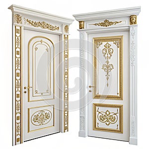 White and gold doors on white background