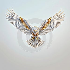 A white and gold eagle is flying in the air
