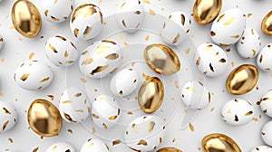 White and gold Easter eggs on a white background, top view.
