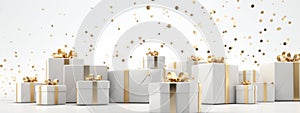 white and gold gift boxes on grey background with confetti